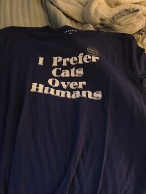 torrid navy graphic tee with "I Prefer Cats Over Humans" slogan